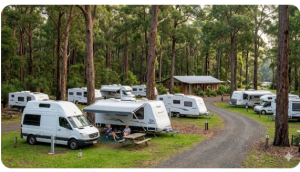 Caravans and motorhomes on powered sites at Collie Tourist Park in Collie Western Australia surrounded by tall jarrah forest and shady campground areas.