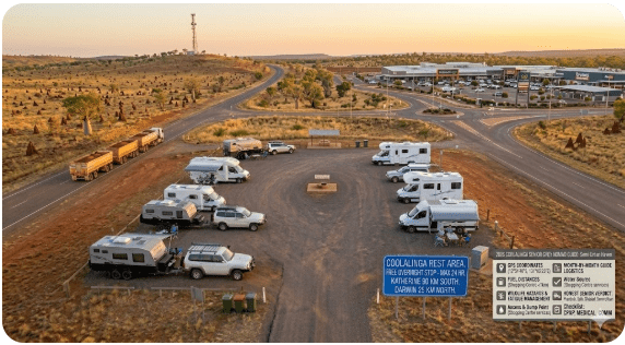 Coolalinga Rest Area sits on the Stuart Highway at Coolalinga, approximately 25 kilometres south of Darwin CBD in the Northern Territory. It is a free roadside rest area maintained by the Northern Territory Government