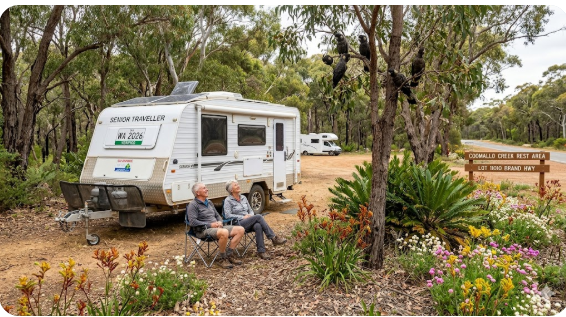 Unlike the standard concrete-and-asphalt highway laybys that dot the Brand Highway, Coomallo Creek is set completely off the road in mature native bushland.