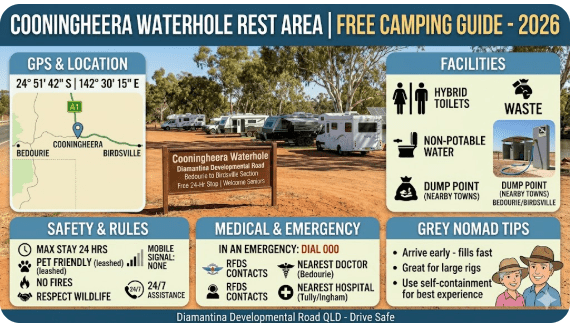 Cooningheera Waterhole Rest Area is a free roadside rest stop on the Stuart Highway near Hayes Creek in the Northern Territory