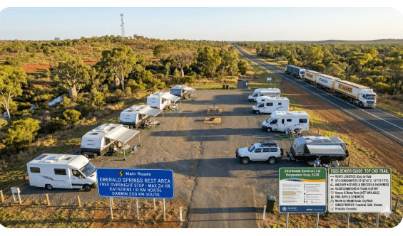 Complete 2026 guide to Emerald Springs Rest Area on the Stuart Highway NT. Free camping rules, facilities, fuel distances, road conditions, GPS, dump points, wildlife and everything grey nomads need.