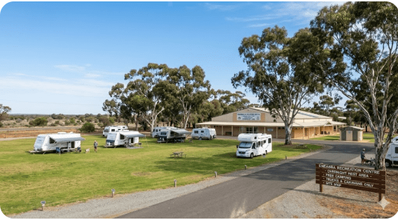 Eneabba Rest Area camping area at the Eneabba Recreation Centre on the Brand Highway in Western Australia with caravans and motorhomes parked overnight