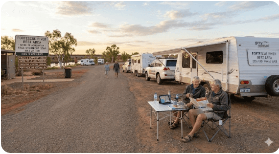 Fortescue River Rest Area free camping site beside the river in Western Australia’s remote Pilbara region, popular overnight stop for senior grey nomads driving between Karratha and Port Hedland in 2026.