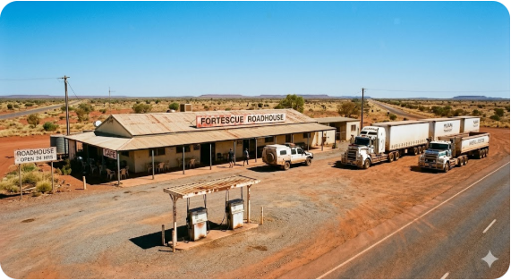 Camping Guide for Grey Nomads 2026 Fortescue Roadhouse is the essential service stop for grey nomads travelling the North West Coastal Highway between Karratha and Port Hedland in Western Australia