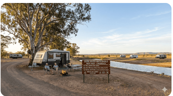 Fred Drew Rest Area in New South Wales showing a quiet roadside free camping area with caravans parked on a gravel pull-in, shaded by trees with basic facilities for senior and grey nomad travellers in 2026