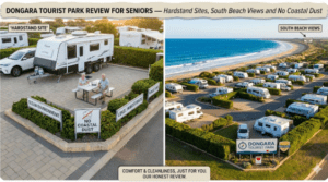 Senior grey nomads comparing free camping areas in Dongara WA before choosing a hardstand site at Dongara Tourist Park with ocean views and better facilities.