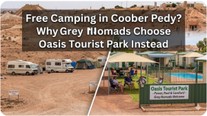 Grey nomad caravans at Oasis Tourist Park in Coober Pedy as a safer alternative to free camping in Coober Pedy South Australia