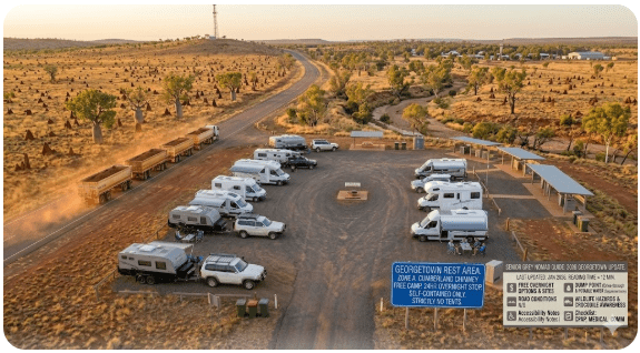 Georgetown Rest Area — free camping guide for seniors & grey nomads 2026. GPS, dump points, water, TerrEstrial gemstone centre, fossicking, Cobbold Gorge & facilities on the Savannah Way QLD.