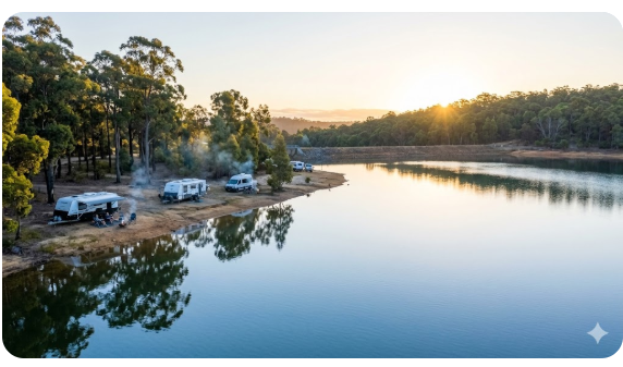 Caravans camping beside Glen Mervyn Dam in jarrah forest near Collie Western Australia popular with grey nomads.