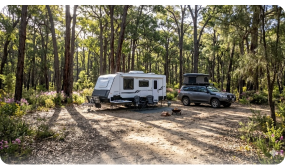White caravan parked under jarrah trees at Greenbushes Pool Campground Western Australia