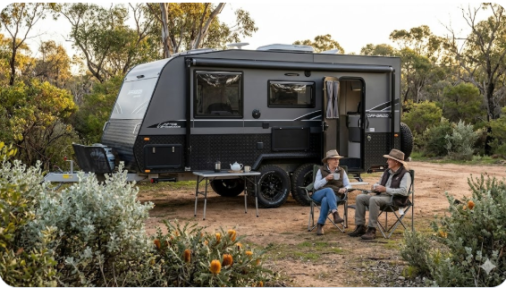 A modern off-road caravan parked in a shaded clearing at Drummonds Reserve, Badgingarra. In the foreground, a senior couple in Akubra hats sits in camp chairs enjoying tea amidst native silver-grey saltbush and banksia shrubs during a golden hour sunset.
