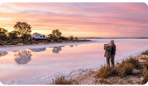 Grey nomad birdwatching at Lake Baladjie salt lake edge, Westonia Western Australia