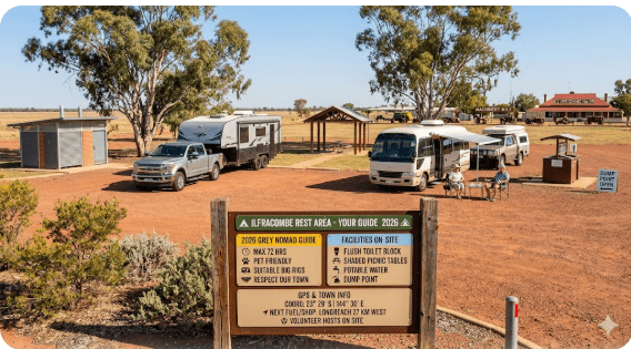 Ilfracombe Rest Area is a free roadside rest stop on the Landsborough Highway west of Longreach in outback Queensland. If you are a senior grey nomad travelling between Longreach and Barcaldine