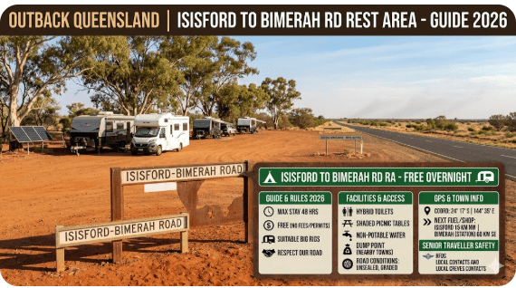 Isisford to Bimerah Rd Rest Area free camping guide 2026. GPS, dump point, water, fuel, road conditions, safety and medical info for senior grey nomads travelling outback Queensland.