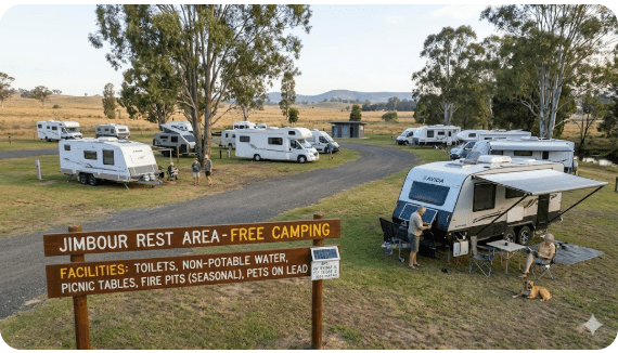 Jimbour Rest Area in Queensland featuring a roadside free camping area with caravans parked on grass, basic facilities, open rural surroundings and easy access for grey nomad travellers in 2026