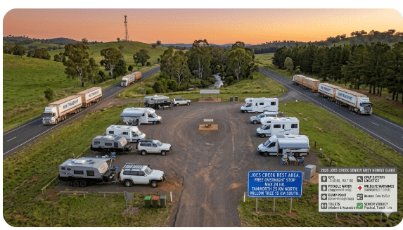 Joes Creek Rest Area is a free overnight rest stop on the New England Highway in New South Wales, approximately 25 km south of Tamworth and 15 km north of Willow Tree.