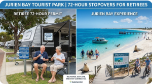 Retired grey nomad couple parked at Jurien Bay Tourist Park in WA during a 72-hour stopover, relaxing beside their caravan near the coast.