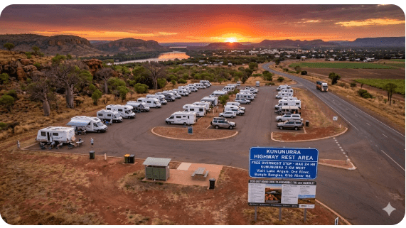 Kununurra Highway Rest Area WA — free overnight camping for senior grey nomads in 2026. GPS, dump points, water, safety tips and nearby facilities for caravans and motorhomes.