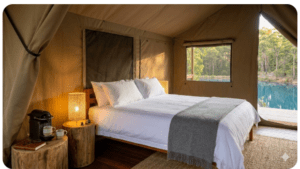 Lake Brockman glamping tent interior queen bed linen Nespresso coffee Logue Brook Dam WA