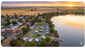 Caravans parked beside Lake Yealering Caravan Park in Western Australia’s Wheatbelt with calm lake water, gum trees and black swans at sunrise near the small country town.