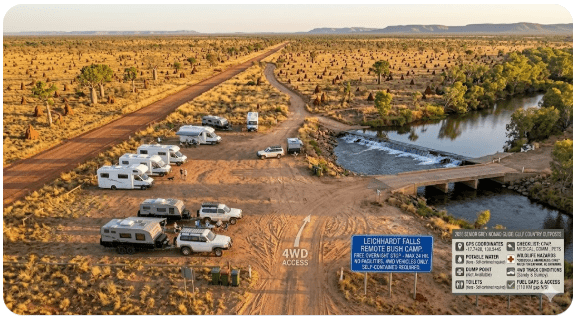Leichhardt River Rest Area — free camping guide for seniors & grey nomads 2026. GPS, dump points, water, 4WD access, crocodile safety & facilities on the Savannah Way QLD.