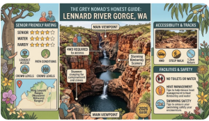 Grey nomad travellers overlooking Lennard River Gorge in the Kimberley WA, preparing for the drive along the Gibb River Road.