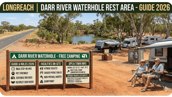 Darr River Waterhole Rest Area 2026: Free overnight camping on the Landsborough Highway QLD. GPS, dump point, water, toilets, snake safety, CPAP tips & senior grey nomad reviews. 85 km north of Longreach.