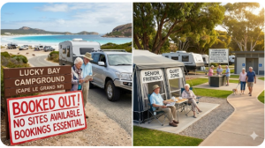 Senior grey nomad couple parked at a town-based caravan park in Esperance WA, enjoying easy access to shops and cafes after Lucky Bay was fully booked.