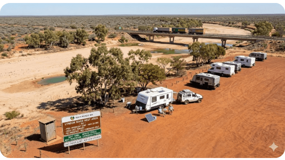 Lyndon River Rest Area is one of the most relied-upon free overnight stops on the North West Coastal Highway for senior grey nomads
