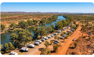 Aerial view of Mary Pool Rest Area free camp beside the Fitzroy River in the Kimberley Western Australia