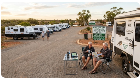 The Minilya River rest area sits 141 kilometres south of Exmouth and 180 kilometres north of Carnarvon on the North West Coastal Highway in Western Australia.
