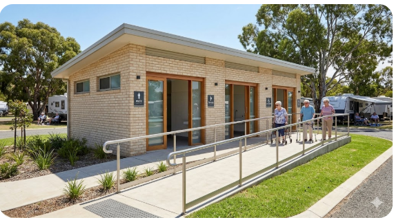 External view of a modern brick toilet and shower building with a wheelchair-accessible ramp and handrails at a Western Australian caravan park