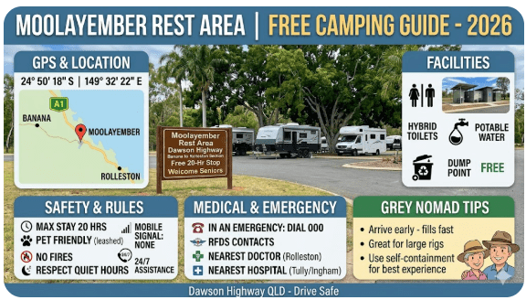 Moolayember Rest Area free camping guide 2026. GPS, dump point, water, toilets, safety and medical info for senior grey nomads travelling the Dawson Highway QLD.