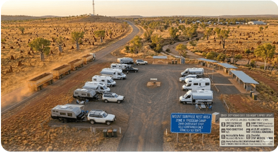Mount Surprise Rest Area — free camping guide for seniors & grey nomads 2026. GPS, dump points, water, Undara lava tubes, Savannahlander train, fossicking & facilities on the Savannah Way QLD.
