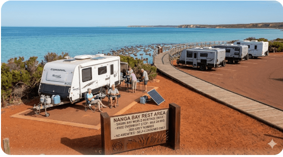 Nanga Bay Rest Area is a coastal free camping option on the Shark Bay Road (World Heritage Drive) for senior grey nomads visiting the Shark Bay World Heritage Area in Western Australia in 2026. Located approximately 70 km south-east of Denham and roughly 55 km west of Hamelin Pool, Nanga Bay sits on the eastern shore of the Peron Peninsula where the turquoise waters of Shark Bay meet red pindan country — a setting that looks like a postcard but requires genuine preparation from any grey nomad over 60 who plans to stay overnight.