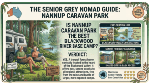 Senior grey nomads parked at Nannup Caravan Park beside the Blackwood River in Nannup WA, enjoying a peaceful forest base camp during their 2026 road trip.