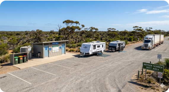 Toilets and parking area at Nerren Nerren Rest Area Western Australia caravan stop