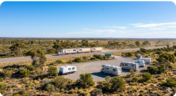 Caravans parked overnight at Nerren Nerren Rest Area on the North West Coastal Highway Western Australia