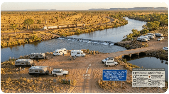 Normanton Rest Area — free camping guide for seniors & grey nomads 2026. GPS, dump points, water, permits, Gulflander train, Krys the Croc & Gulf Savannah QLD facilities.