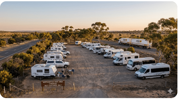 Northampton Rest Area WA with caravans parked on gravel beside Brand Highway Western Australia