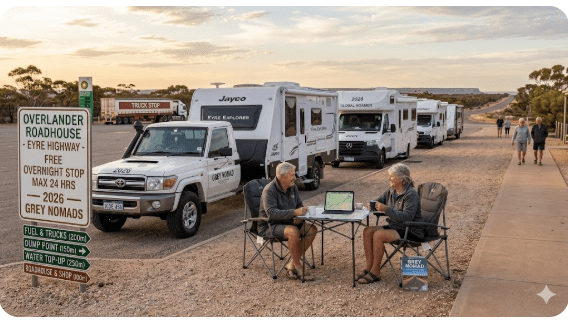 Overlander Roadhouse — Free Camping, Seniors, and Eyre Highway Essentials for Grey Nomads 2026

The Overlander Roadhouse sits 717 kilometres west of Ceduna and 520 kilometres east of Norseman on the Eyre Highway — one of the loneliest stretches of road in Australia. For grey nomads crossing the Nullarbor in 2026, it's a critical fuel and rest stop, and the promise of free camping behind the roadhouse makes it even more appealing. But is it genuinely suitable for senior travellers, or does the reality fall short

This guide gives you the honest assessment what the Overlander Roadhouse delivers, what it doesn't, the real condition of the free camping area, dump point and water access, and your alternative options if you need more comfort and safety after a long day on the Eyre Highway.