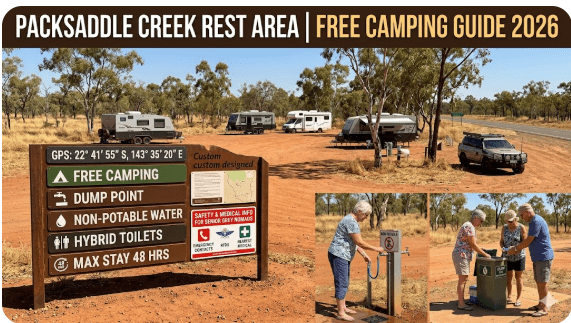 Packsaddle Creek Rest Area free camping guide 2026. GPS, dump point, water, toilets, safety and medical info for senior grey nomads travelling the Landsborough Highway QLD