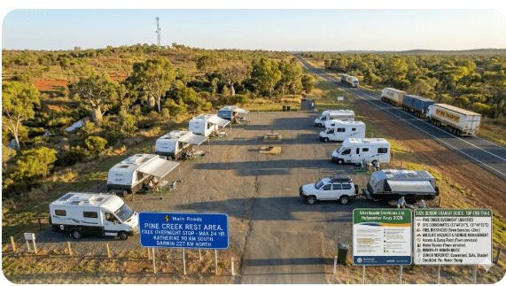 Pine Creek Rest Area on the Stuart Highway Northern Territory showing shaded parking bays for free overnight camping near Pine Creek gold rush town
