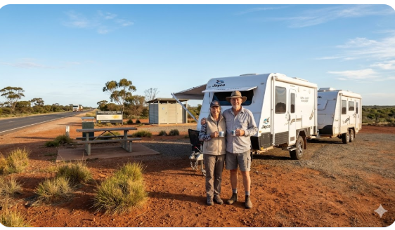 Senior grey nomads with their caravan at a free 24hr rest area between Geraldton and Port Hedland on the North West Coastal Highway, Western Australia – complete 2026 guide