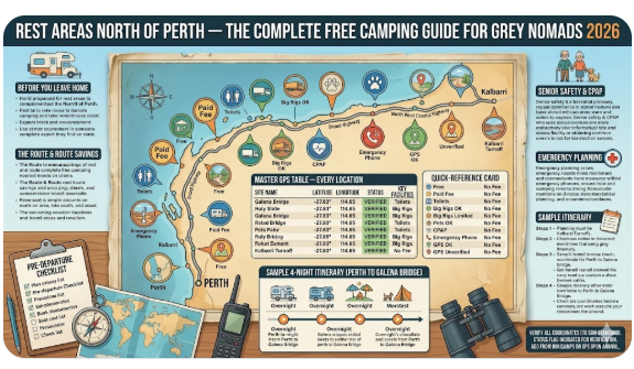 A comprehensive 2026 free camping guide and map for grey nomads planning trips from Perth to Kalbarri, Western Australia.