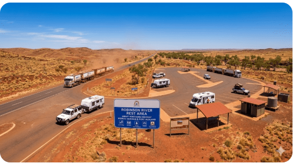 Robinson River Rest Area is a free overnight stop on the Great Northern Highway for senior grey nomads travelling between Newman and Port Hedland in the Pilbara region of Western Australia in 2026