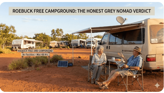 Senior grey nomads parked at Roebuck Free 2WD Campground near Broome WA, reviewing the site honestly before deciding whether to continue their journey.