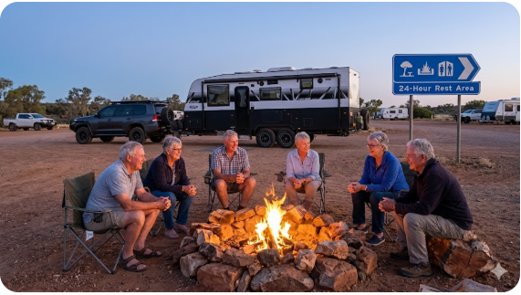  Grey Nomads socialising around a campfire at Galena Bridge Rest Area, highlighting the community and safety for senior travellers.