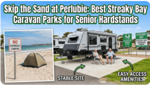 Senior grey nomad caravans parked on hardstand sites at a Streaky Bay caravan park as an alternative to sandy camping at Perlubie Beach near Streaky Bay