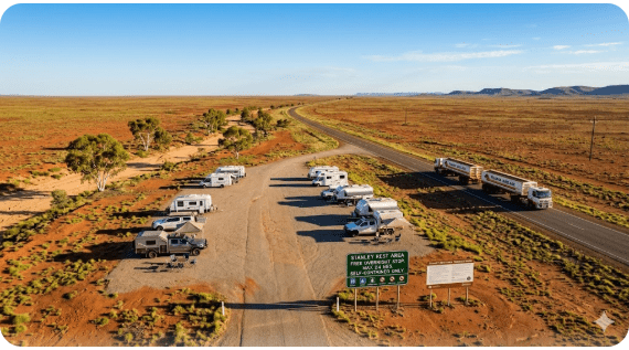 The Stanley Rest Area free camping spot sits on the Great Northern Highway east of Port Hedland in Western Australia's Pilbara region, on the long corridor between Port Hedland and the turnoff towards Broome.